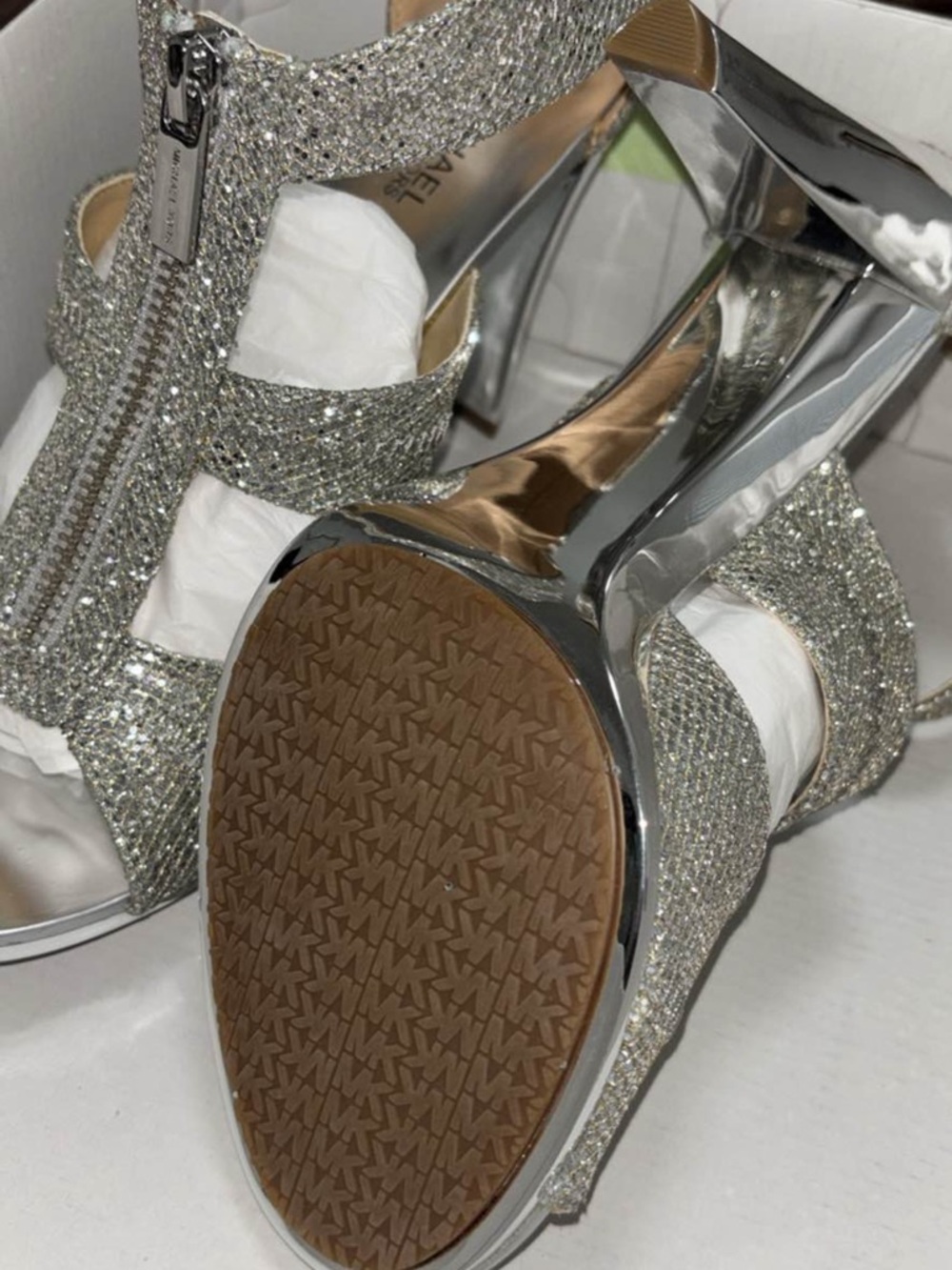 Michael Kors Silver Glitter Zip Front Heeled Sandals - Picture 2 of 3